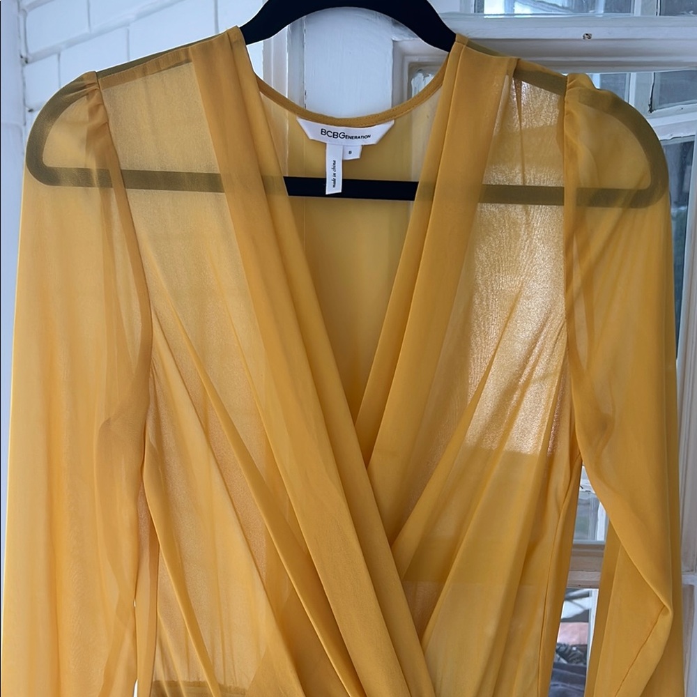BCBGMaxAzria Mustard Sheer Wrap Dress